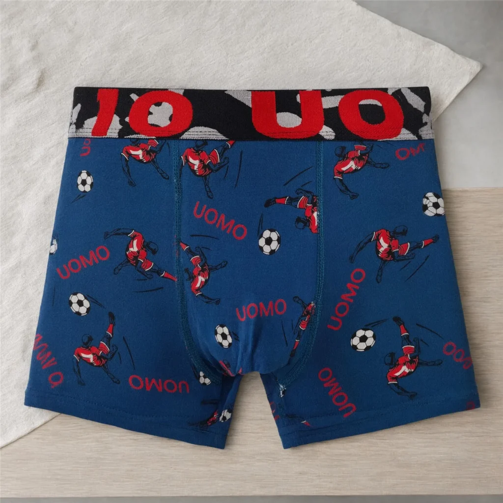 GMUO-7141AMH football-print boxer brief laid flat, showing the full cut and print placement