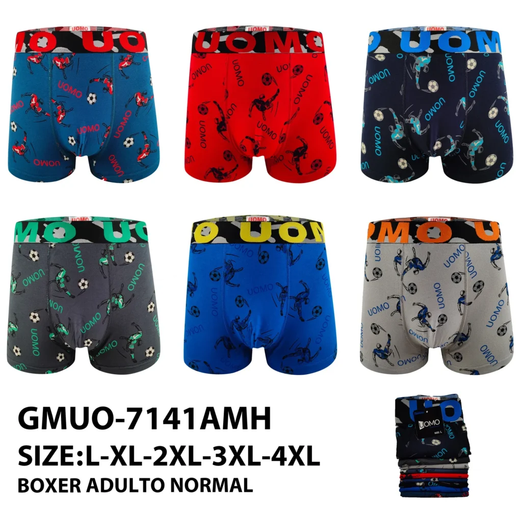 GMUO-7141AMH colourway range - six stock grounds of the football-print boxer brief with size and fabric spec