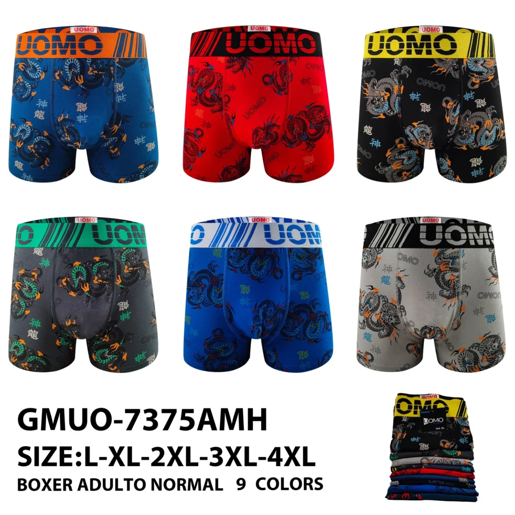GMUO-7375AMH colourway range - six stock grounds of the dragon-print boxer brief with size and fabric spec