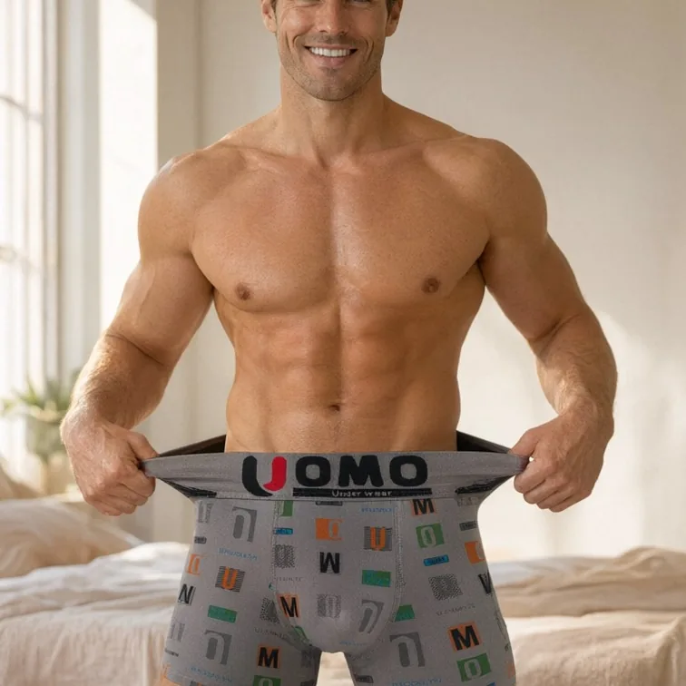GMUO-7535AMH letter-print boxer brief in grey worn on model, waistband stretched by hand