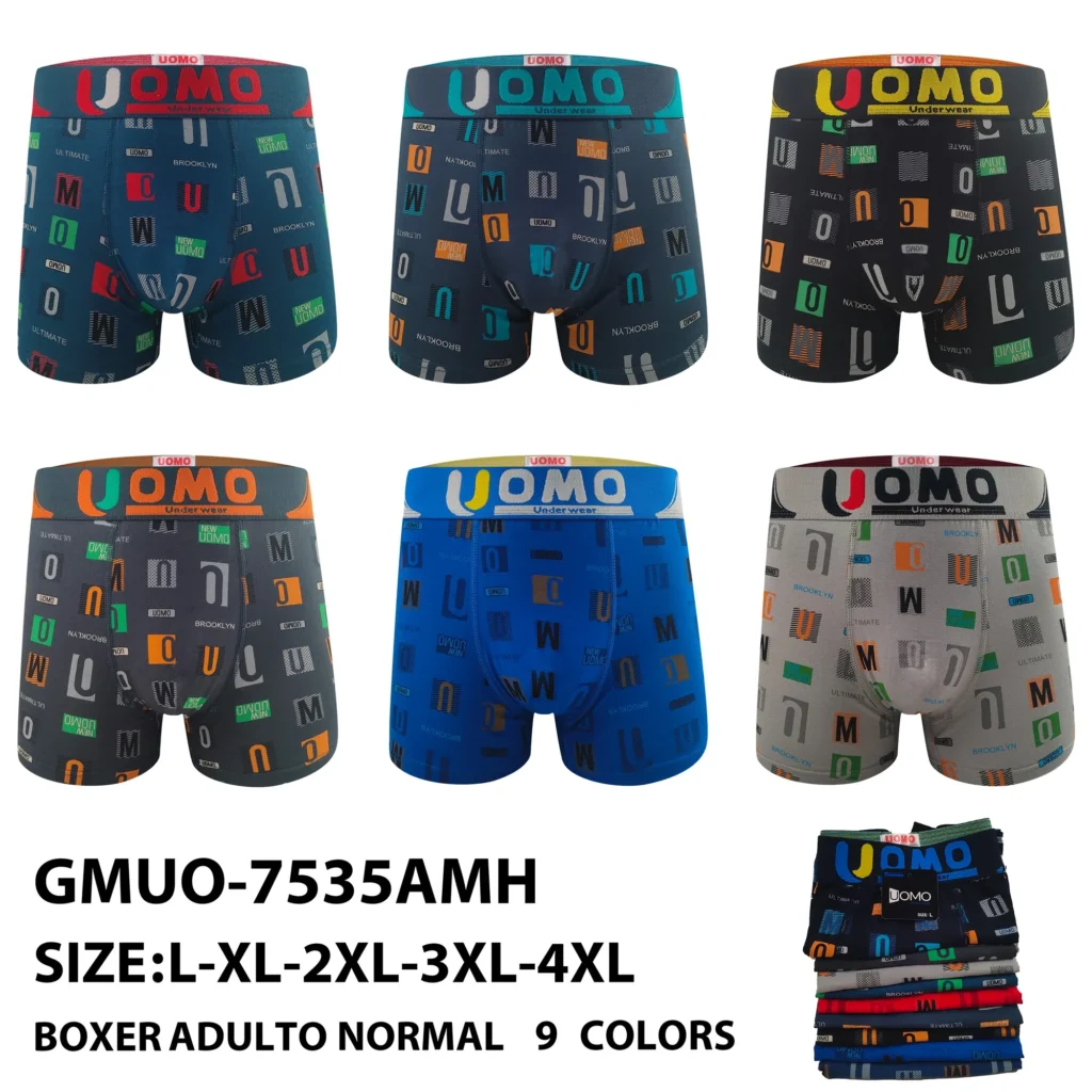 GMUO-7535AMH colourway range - six stock grounds of the letter-print boxer brief with size and fabric spec