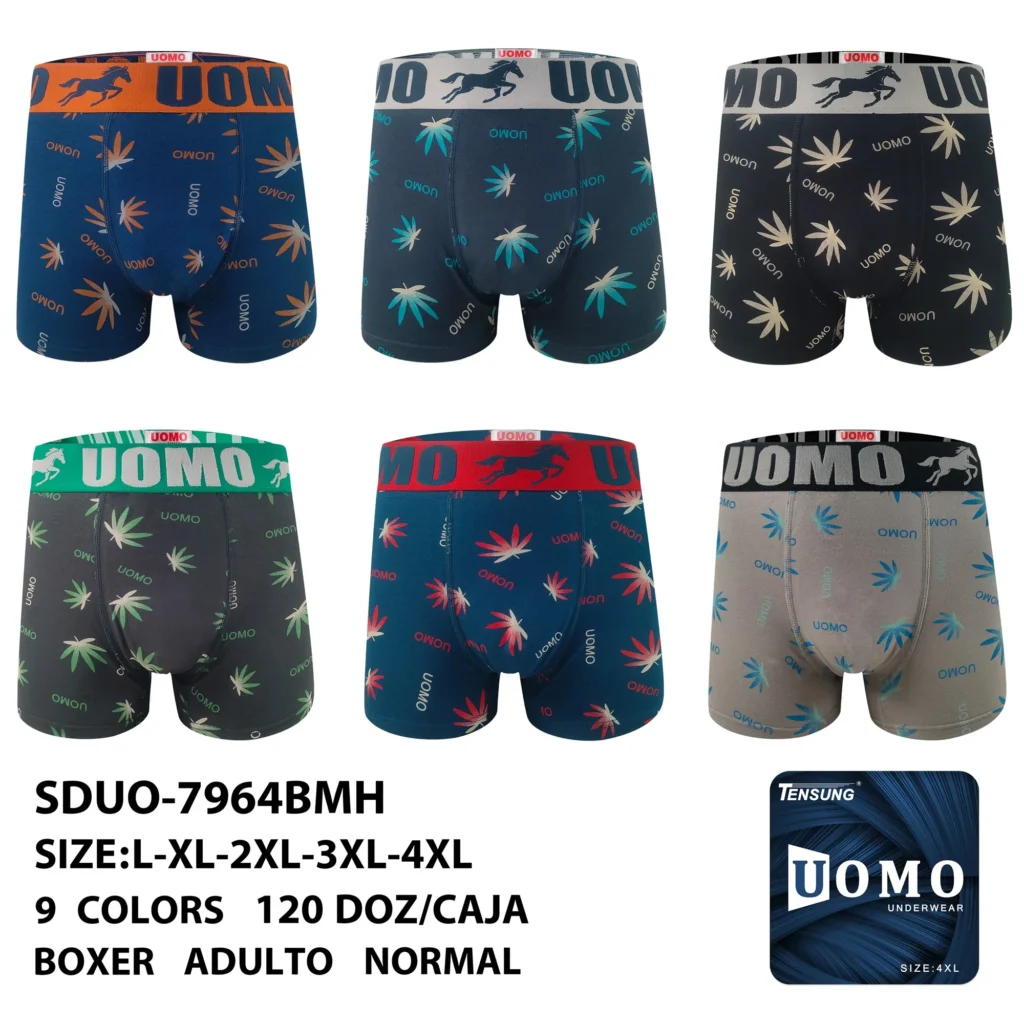 SDUO-7964BMH colourway range - six stock grounds of the leaf-print boxer brief with size and packing spec