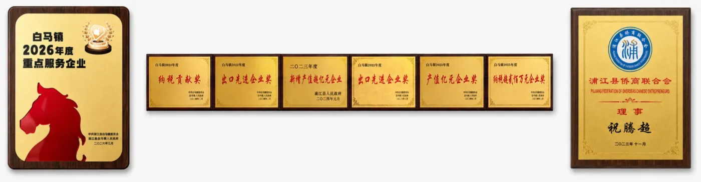 TENSUNG award plaques from Baima Town and Pujiang County, 2022-2026